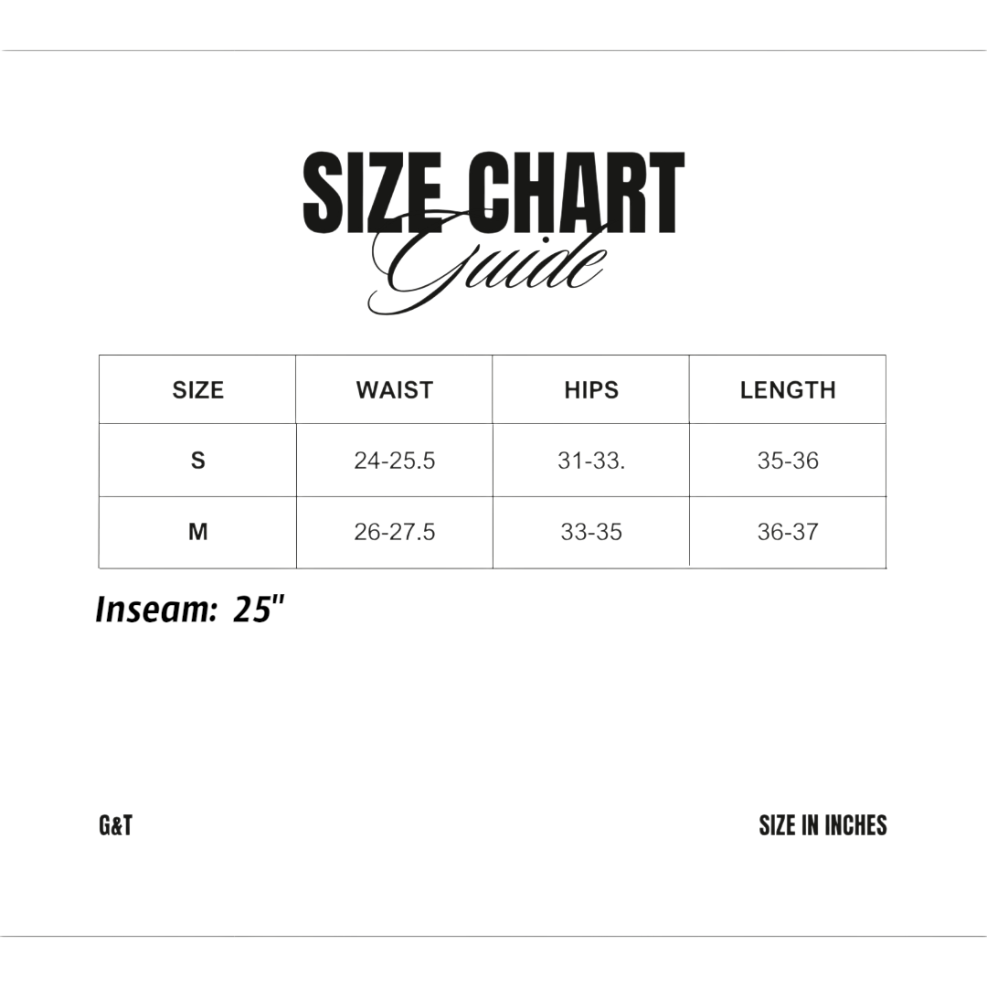 Size chart guide for clothing with waist, hips, and length measurements.