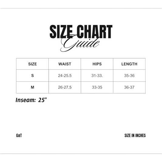Size chart guide for clothing with waist, hips, and length measurements.